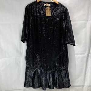 New Object Local Black Velvet Shimmer Dress S-M Ruffle Hem Sparkly Cocktail
